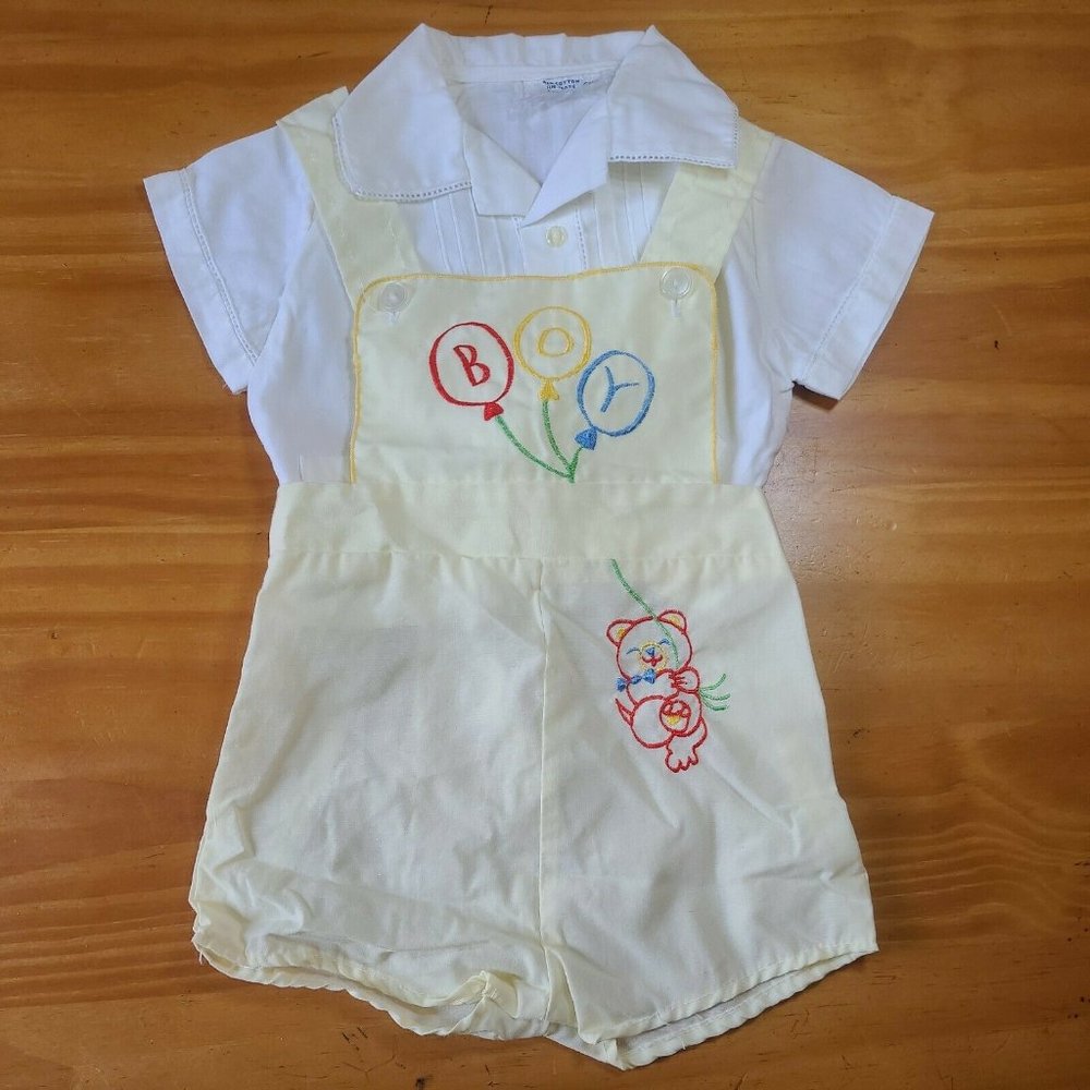 Vintage Craddle Togs 0-6M Overall with White Collared Button Shirt, Embroidery